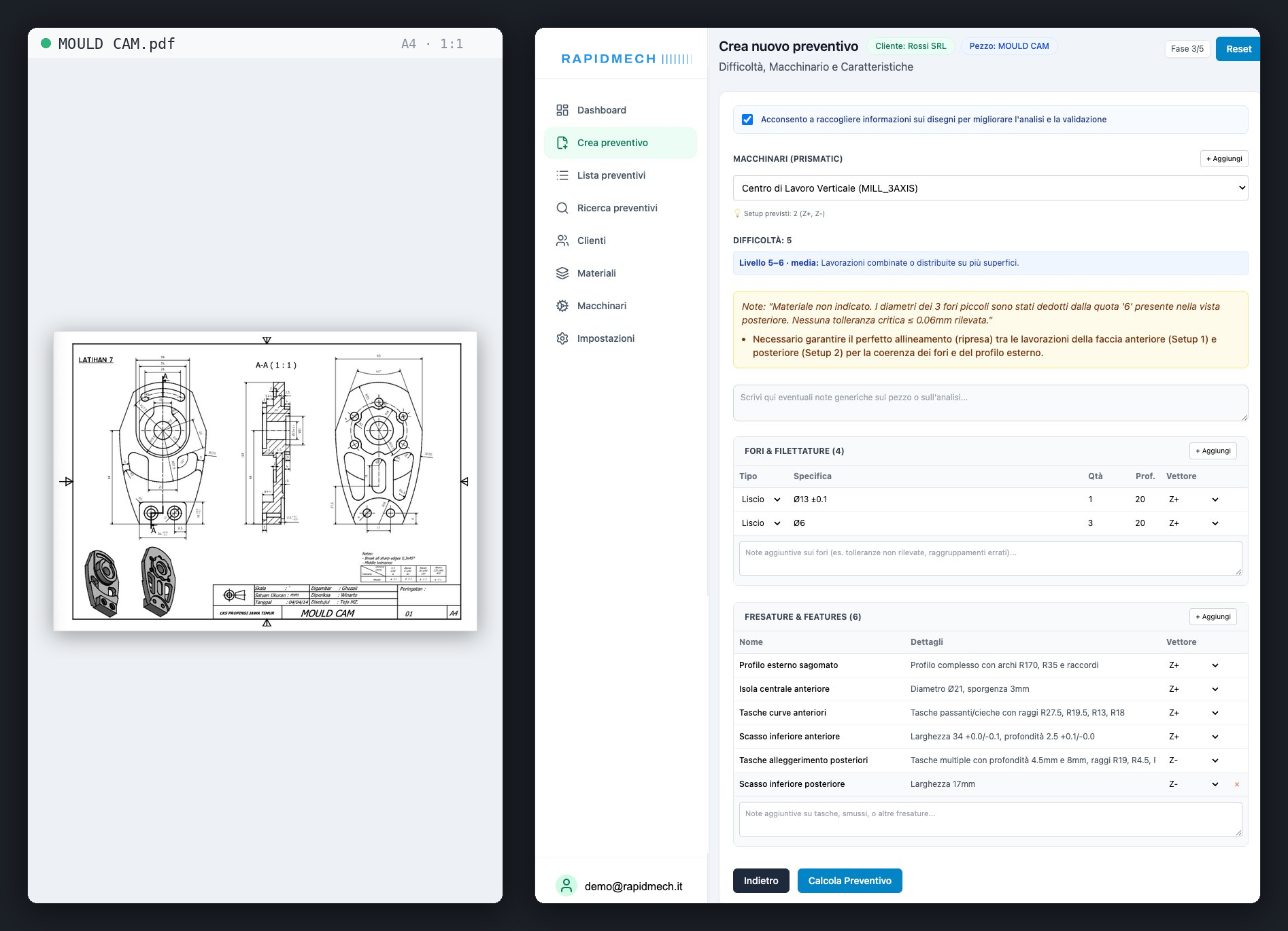 RapidMech estrae geometrie, quote, materiale e lavorazioni dal disegno tecnico e ne ricava un preventivo strutturato