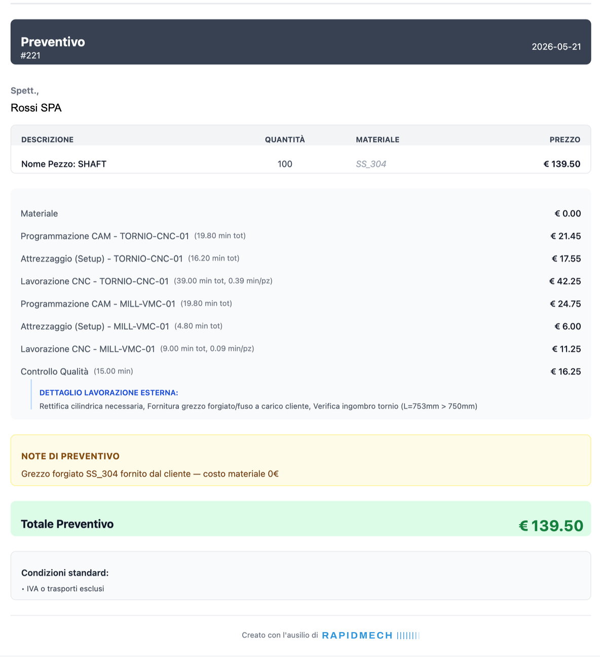 Preventivo RapidMech dettagliato per fasi — materiale, programmazione CAM, attrezzaggio, lavorazione CNC e controllo qualità — archiviato come passaporto tecnico del pezzo